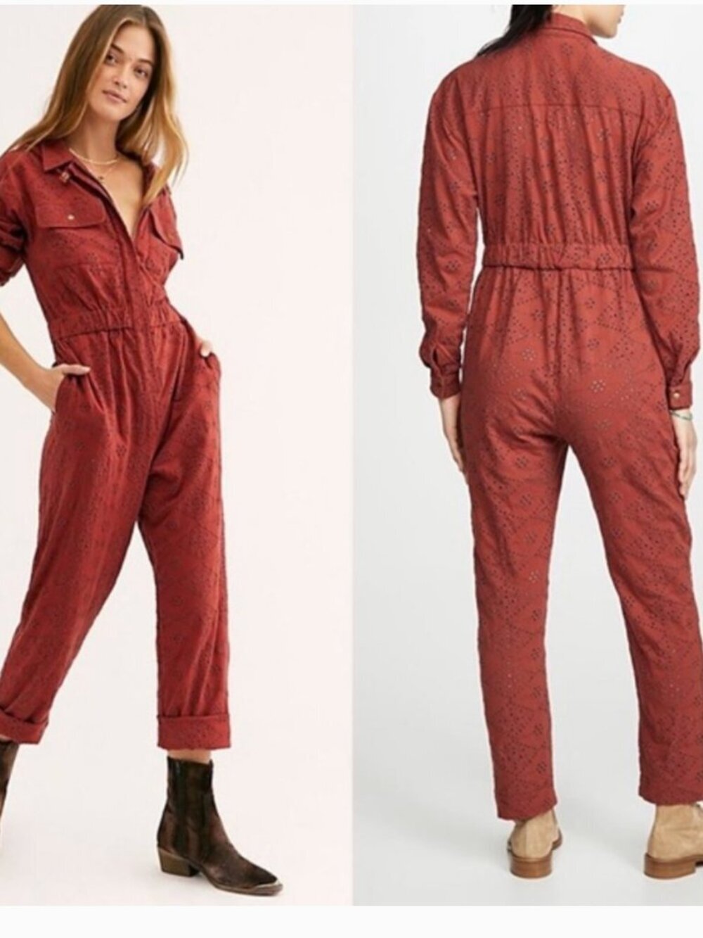Free People Set The Tone Jumpsuit Cotton Collared Long Sleeve Eyelet Brown 8